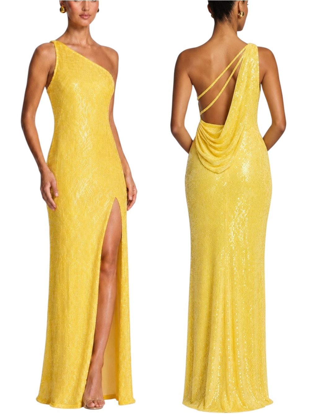 NWT Mac Duggal Lemon Sequin One Shoulder Cowl Back Gown Size 12